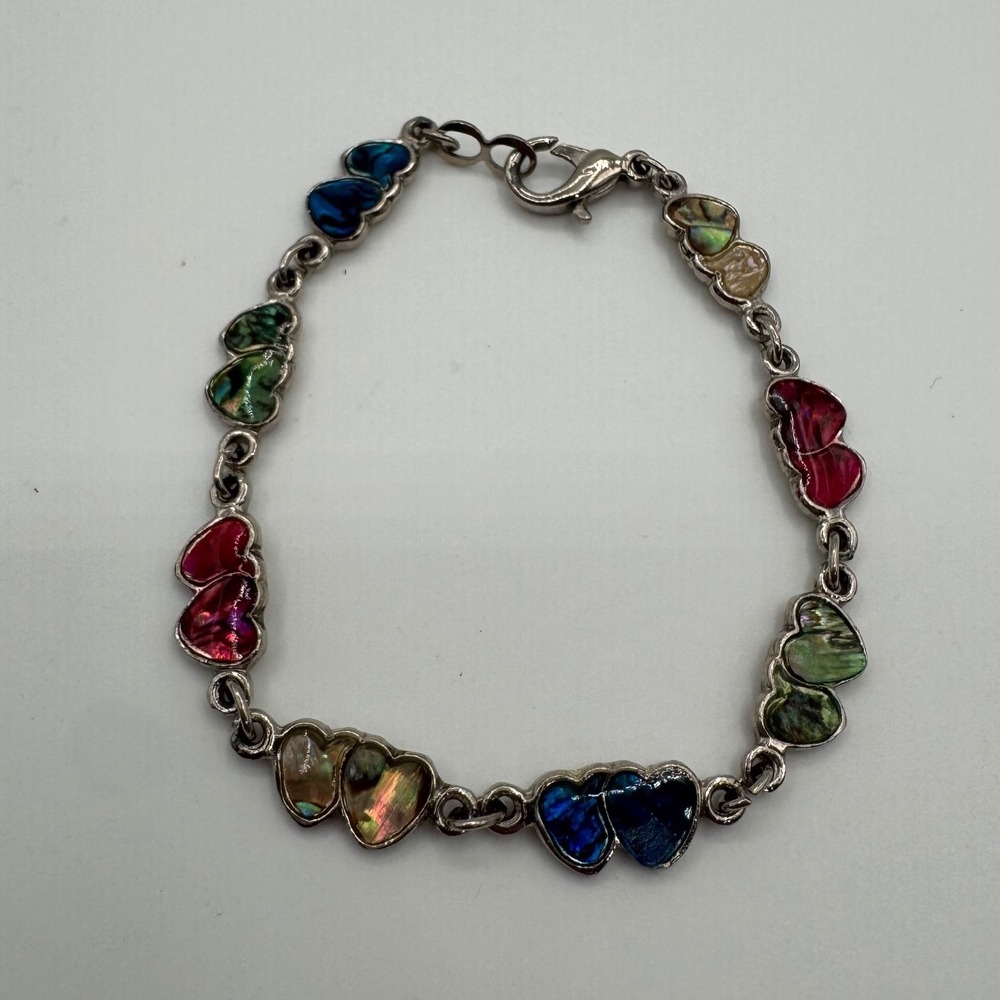 Silver Tone Abalone Shell Double Heart Link Bracelet Multicolor Iridescent 7.5in
